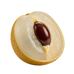 Photo of a Halved Longan Fruit with a Seed and Black Background