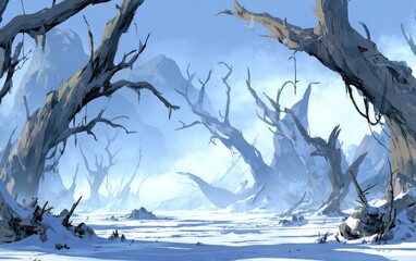 Frozen, barren landscape with dead trees