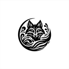 Fototapeta premium Stylized black fox head with swirling ornaments in a circle