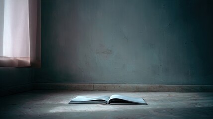 Open book on floor, room with window