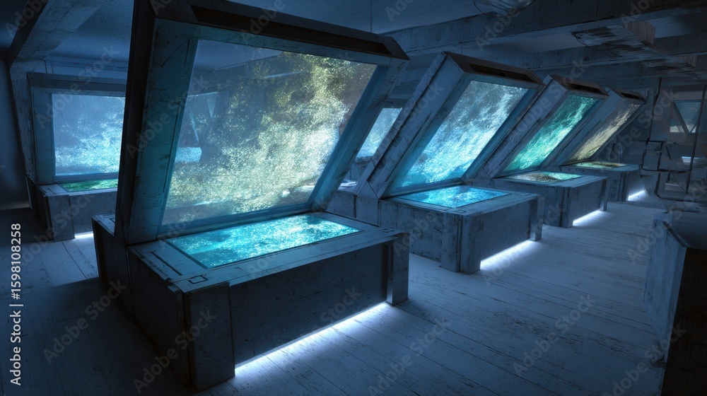 Poster crystal growth rates and environmental conditions are displayed on multiple screens in a high tech c