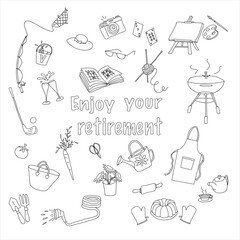 Set of active activities for pensioners. Hand drawing  doodle vector different activities for pensioners women or pensioners men.