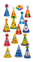 Colorful Party Hats with Balloons Illustration PNG
