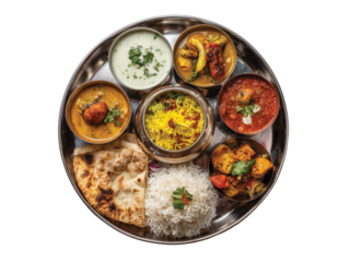 delicious traditional Indian thali with various curries and gravies around isolated on transparent background png
