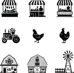 Naklejka premium Black and white farm elements including market stands tractor chickens barns and a windmill illustration
