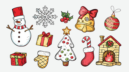 Collection of christmas themed illustrations including snowman, gifts, tree, and fireplace artfully drawn
