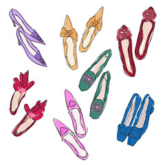 Set of modern design women's shoes with rhinestones. Vector sketch. Hand drawing for printing on fabric, packaging, textiles.