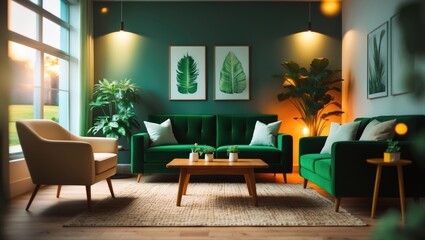 Cozy living room with green sofa, armchair, plants, and natural daylight, creating a relaxing and stylish space.
