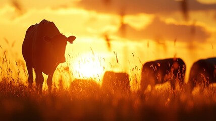 Grazing animals silhouetted against a glowing autumn sky with warm sun setting over rolling farmland