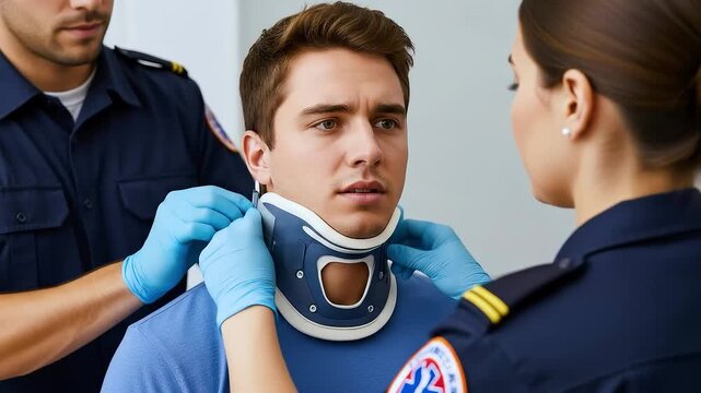 Man receiving neck brace from medical personnel