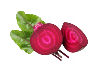 Vibrant halved beet with green leaves on studio beetroot vegetable