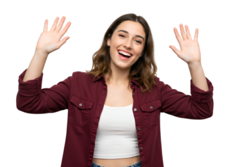 Photo of Smiling Woman Waving Hands Isolated on Black Background