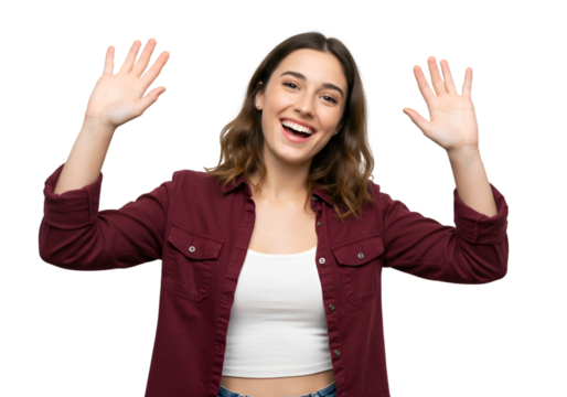 Photo of Smiling Woman Waving Hands Isolated on Black Background - Powered by Adobe