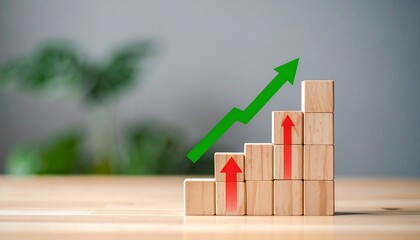 Wooden blocks arranged in a staircase shape, with upward arrows
