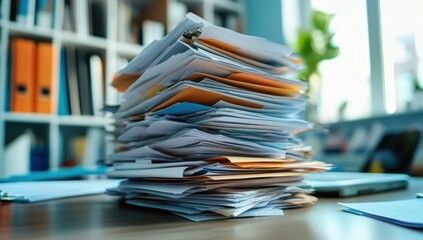 A large, messy stack of assorted paperwork and documents piled high on a desk in an office setting.