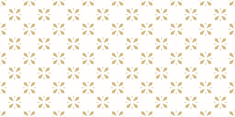 Vector seamless geometric pattern with minimalist floral design. Abstract retro 1960s - 1970s inspired background, simple minimal texture with small golden flowers. Gold and white repeated geo design