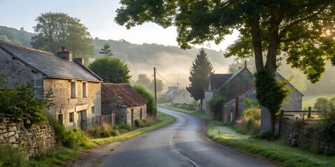 Idyllic english village road lined with stone cottages on a misty morning