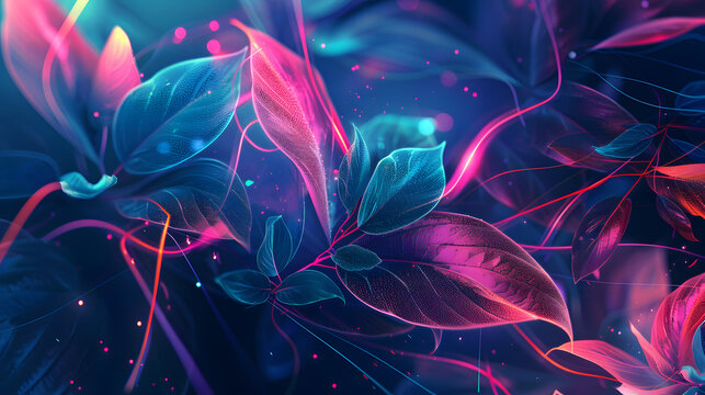 An abstract image of glowing translucent leaves with streams of pink and cyan light