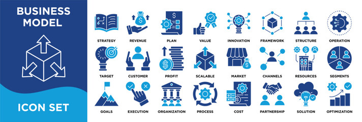 BUSINESS MODEL icon collection set. Containing strategy,revenue,plan,value,innovation,framework,structure,operation,target,customer icon. dual tone vector.