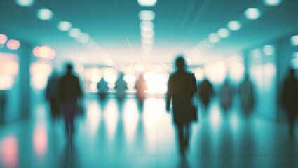 People walking in an airport terminal with bright lights and blurred motion. Travel and transit scene. The environment of an airport or transit hub. The concept of travel and mobility.