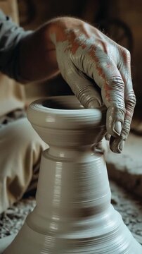 Pottery making with artisan hands on wheel, showing traditional craft and handmade process. 4K, vertical video, social media, 9:16, insta story