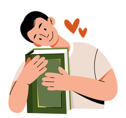 Young man hugging a large green book with a loving smile. Illustration symbolizes passion for reading, knowledge, and the joy of learning. Simple, warm, and friendly vector design.