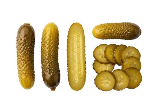 Whole and sliced dill pickles arranged on a gherkin cucumber 1