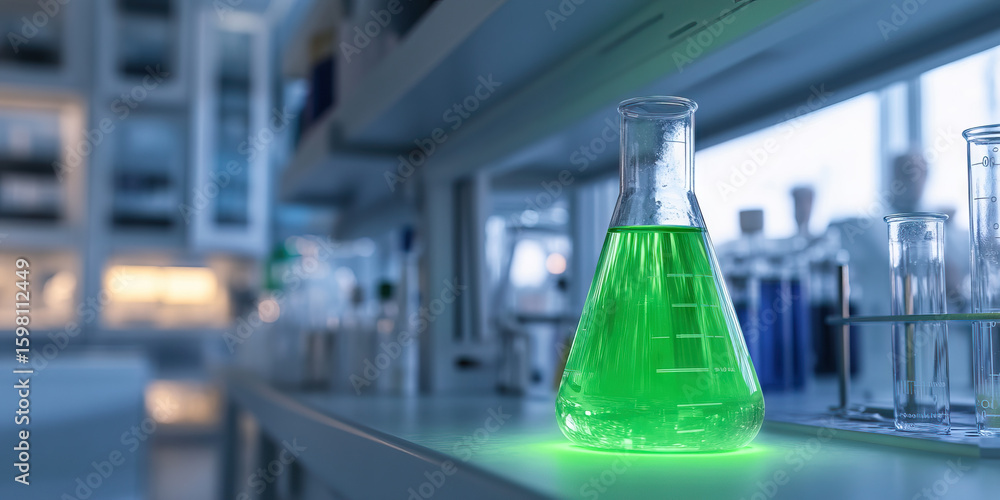 Poster erlenmeyer flask with green liquid in a laboratory setting