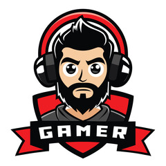 Obraz premium Cartoon Bearded Gamer Logo with Headphones, Red Accents, and Gamer Text on Ribbon