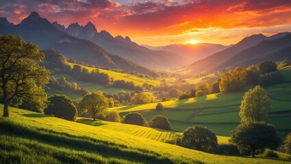 Obraz premium Vibrant landscape of mountains, lush green hills, and trees at sunset with warm sunlight and colorful sky.