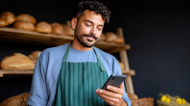 Smiling man in bakery using smartphone - Powered by Adobe