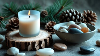 A lit candle on a wooden surface with pinecones and a bowl of assorted stones, evoking a cozy, festive atmosphere.
