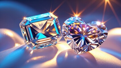 Sparkling diamonds, one rectangular and one heart-shaped, resting on a silky surface with a luminous background.