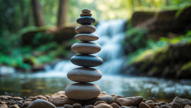 A stack of smooth stones balanced in front of a waterfall in a lush forest setting. - Powered by Adobe