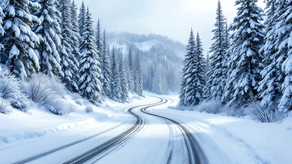 Snow covered railway tracks winding through a winter forest landscape