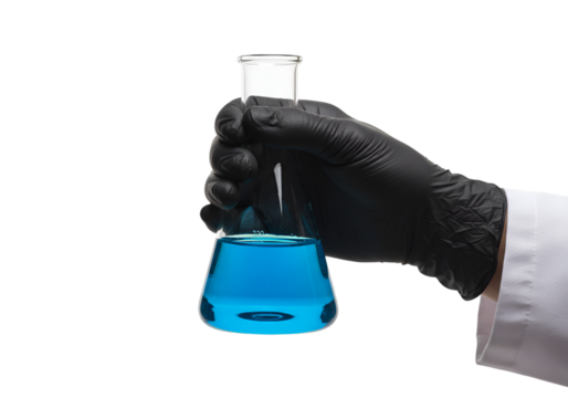Photo of Hand Holding Erlenmeyer Flask with Blue Liquid