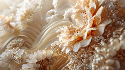 An elegant 3d abstract background with ornate floral shapes, lace textures, and pearls