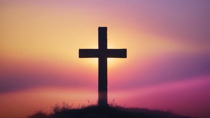 A cross silhouette against a colorful sunset sky. Symbol of faith and spirituality. Sunset and sky, religious symbol, spiritual, hope.