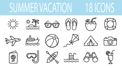 Summer Vacation Vector Icon Set | Outline | Travel, Beach, Holiday, Outdoor, Fun
