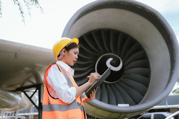 A female aviation worker wearing a hard hat and safety vest inspects an airplane, holding a tablet...