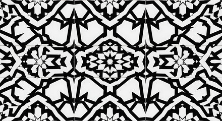 Detailed black and white geometric pattern featuring symmetrical floral and angular shapes design