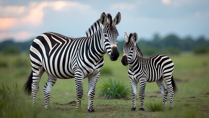 Fototapeta premium A zebra mother and her foal standing on a grassy field with a blurred landscape in the background.