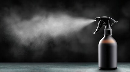 Spray bottle emitting mist dark background