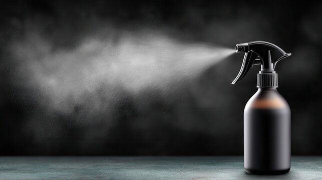 Spray bottle emitting mist dark background