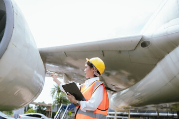 A female aviation worker wearing a hard hat and safety vest inspects an airplane, holding a tablet...