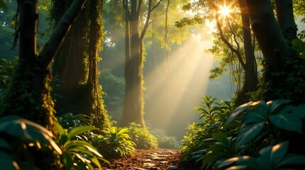 A magical, enchanted forest with golden sunbeams streaming through the lush green canopy. A mysterious path leads through the vibrant, ancient woods.