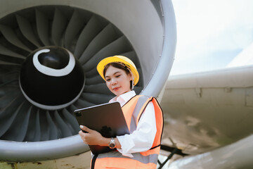 A female aviation worker wearing a hard hat and safety vest inspects an airplane, holding a tablet...