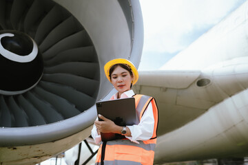 A female aviation worker wearing a hard hat and safety vest inspects an airplane, holding a tablet...