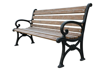 Photo of an Antique Wooden Bench with Ornate Metal Frame Isolated on Black, Bench, Wood, Metal, Park Bench, Outdoors, Seat