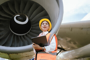 A female aviation worker wearing a hard hat and safety vest inspects an airplane, holding a tablet...